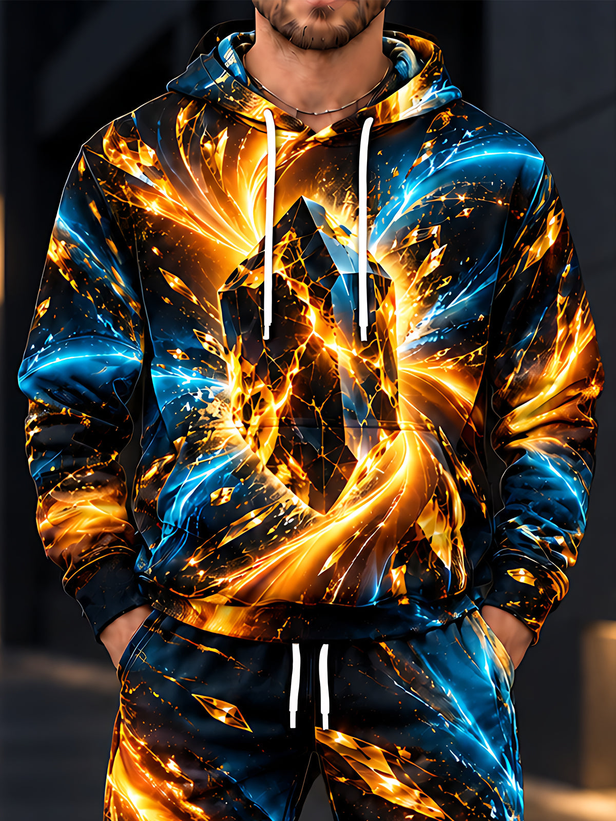 Oceanlyte Men's Abstract Geometric Crystal And Fire Print Long Sleeve Hoodie