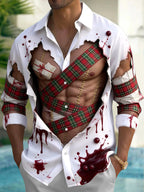 Oceanlyte Men's Long Sleeve Shirt - Christmas Torn Shirt With Blood Splatter And Plaid Pattern with Chest Pocket