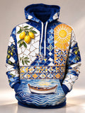 Oceanlyte Men's Long Sleeve Hoodie - Mediterranean Tile Pattern With Lemons And Boat