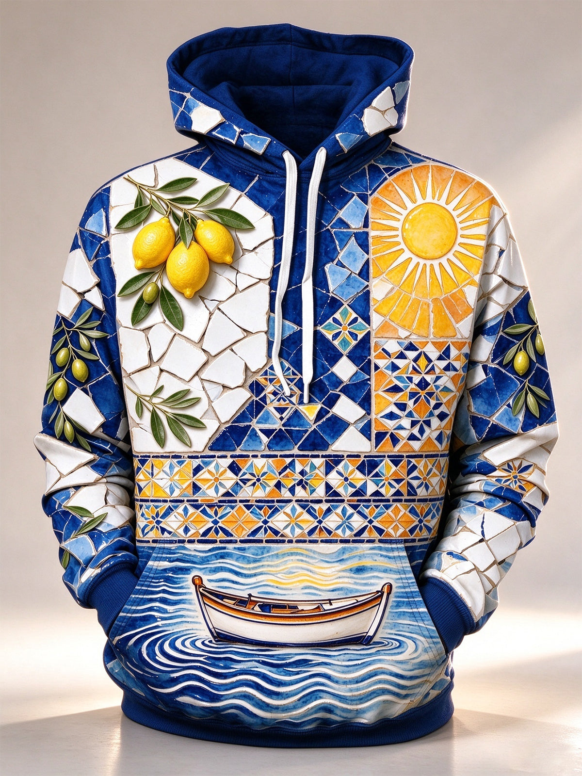 Oceanlyte Men's Long Sleeve Hoodie - Mediterranean Tile Pattern With Lemons And Boat