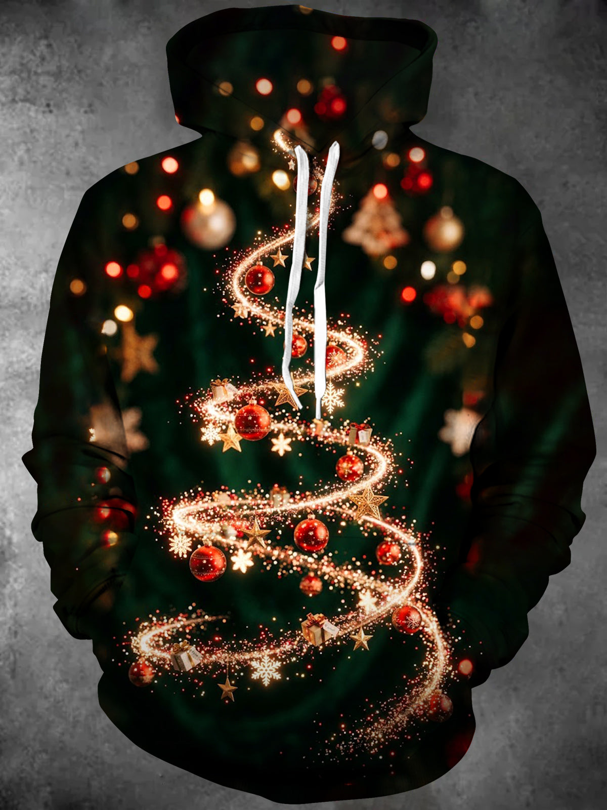 Oceanlyte Men's Long Sleeve Hoodie - Spiral Christmas Tree With Ornaments And Stars Print