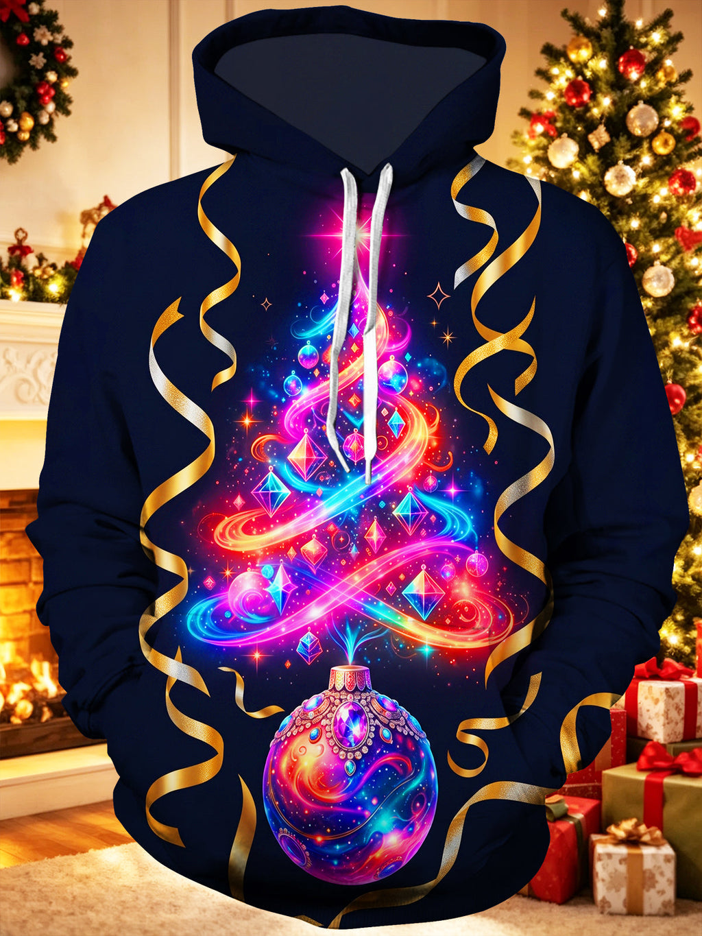 Oceanlyte Men's Graphic Neon Christmas Tree Bauble Print Long Sleeve Hoodie