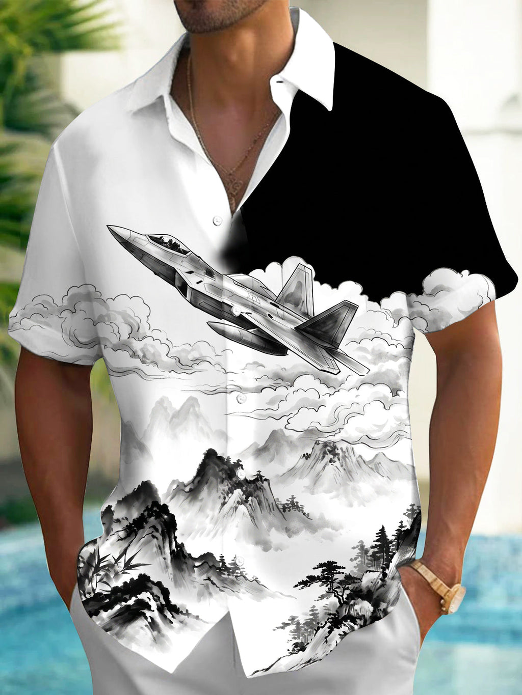 The "Stealth Ink" Oceanlyte Men's Short Sleeve Shirt - Fighter Jet And Ink Wash Landscape Print with Chest Pocket