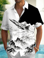 The "Stealth Ink" Oceanlyte Men's Short Sleeve Shirt - Fighter Jet And Ink Wash Landscape Print with Chest Pocket