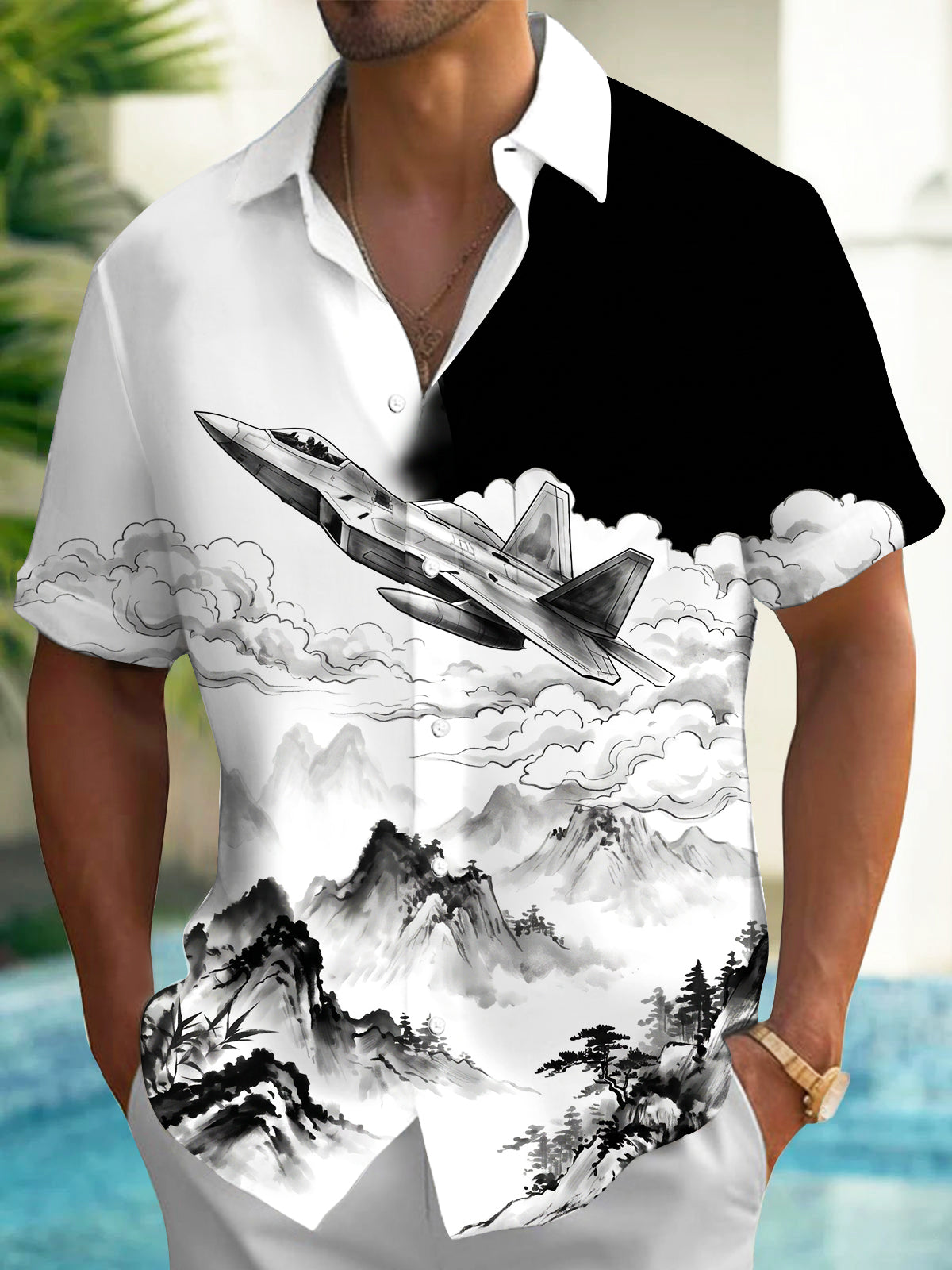 The "Stealth Ink" Oceanlyte Men's Short Sleeve Shirt - Fighter Jet And Ink Wash Landscape Print with Chest Pocket