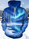 Oceanlyte Men's Long Sleeve Hoodie - Winter Landscape With Aurora Borealis And Snowy Pine Trees Print