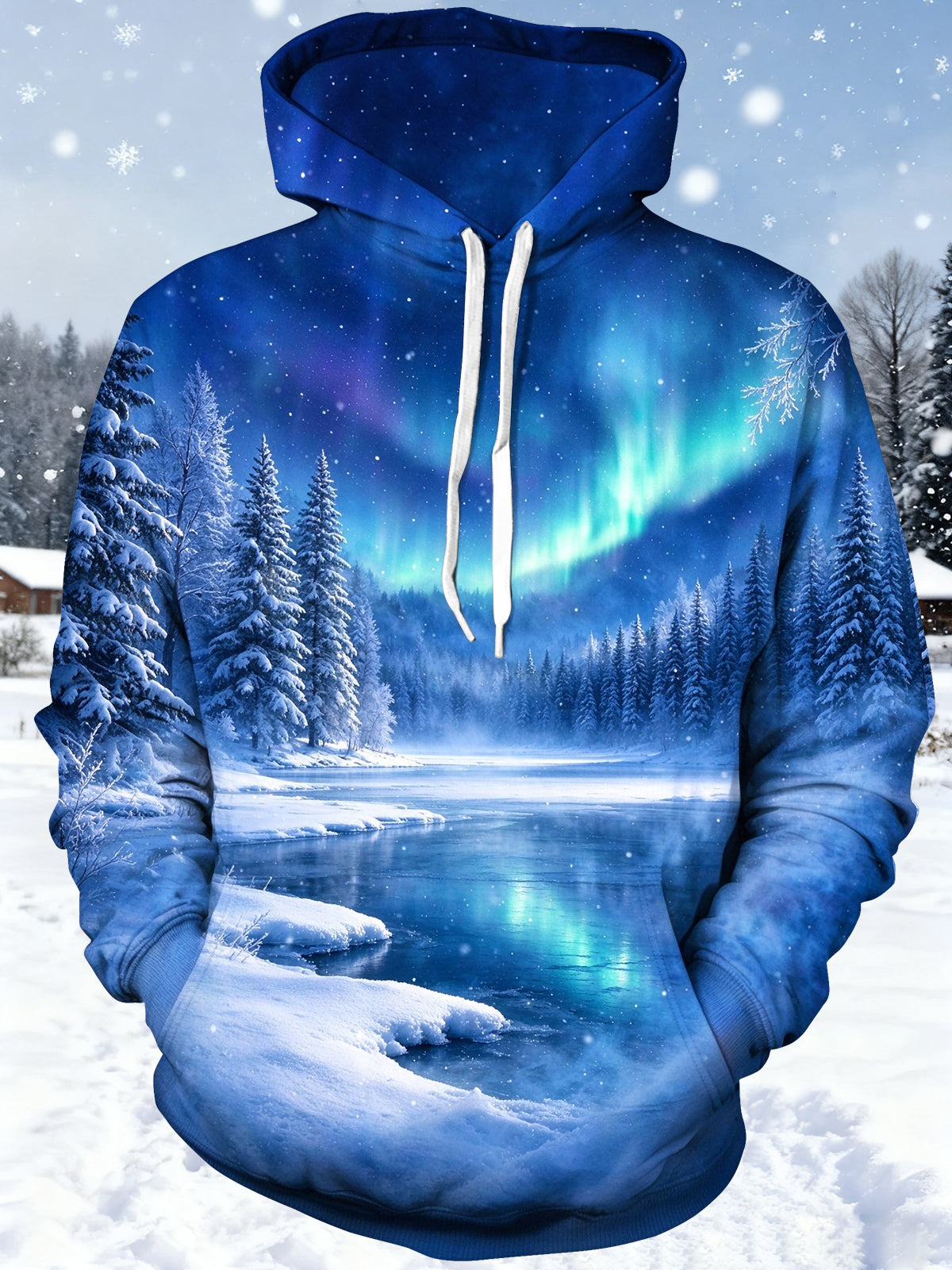 Oceanlyte Men's Long Sleeve Hoodie - Winter Landscape With Aurora Borealis And Snowy Pine Trees Print