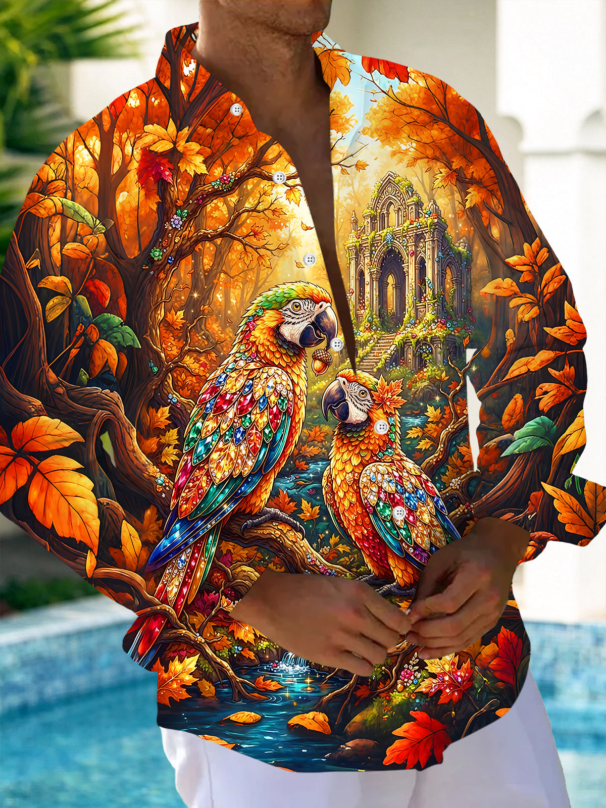 Oceanlyte Men's Graphic Parrots In Autumn Forest Print Long Sleeve Shirt with Chest Pocket