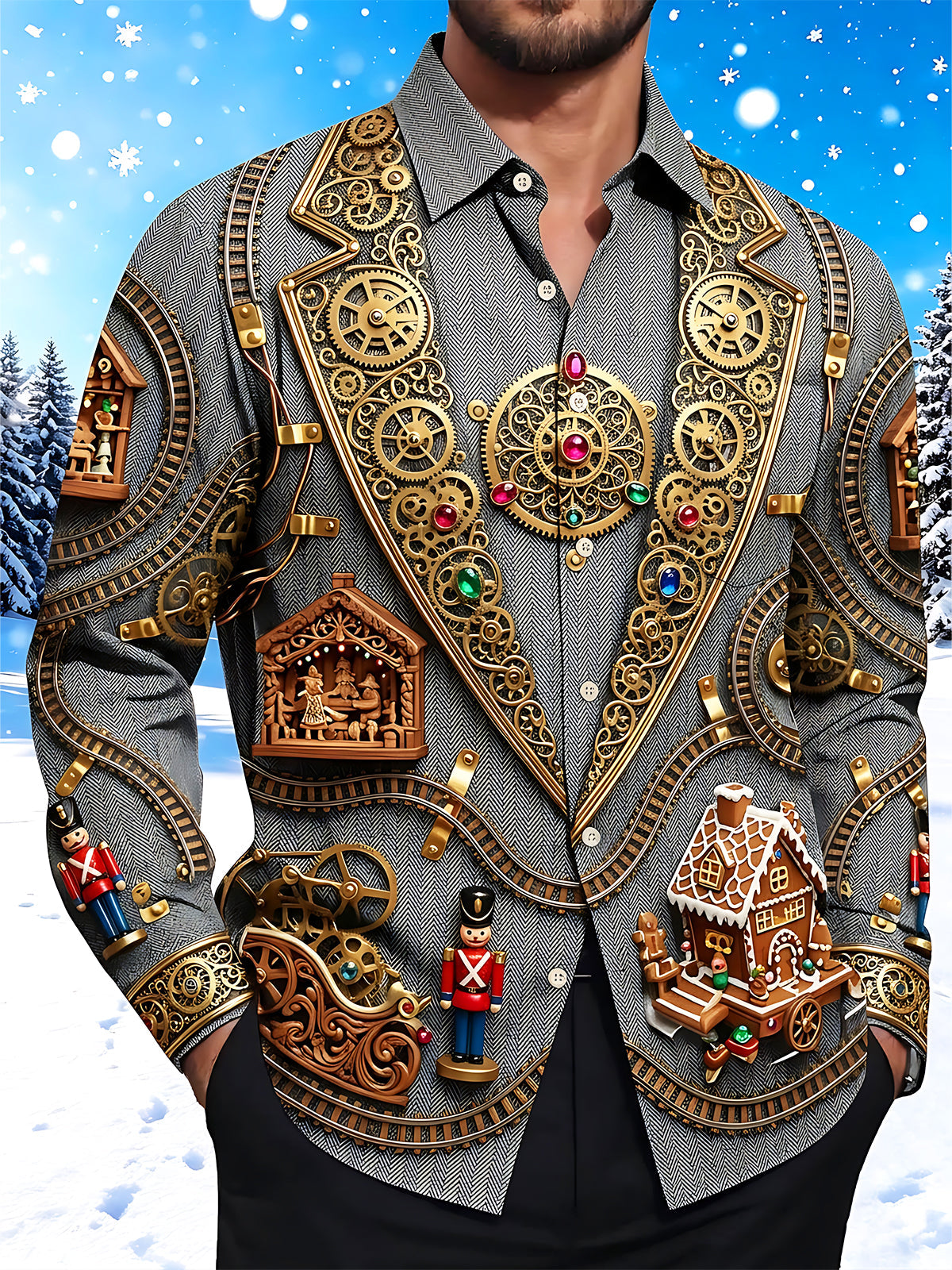 Oceanlyte Men's Graphic Steampunk Gears Print Long Sleeve Shirt with Chest Pocket
