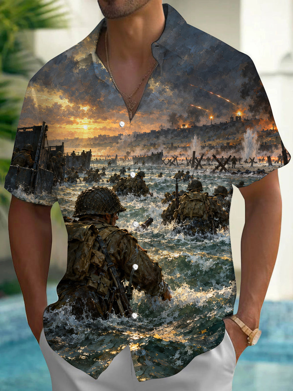 Oceanlyte Men's Short Sleeve Shirt - The "The Longest Day" World War II Beach Landing Scene Print with Chest Pocket