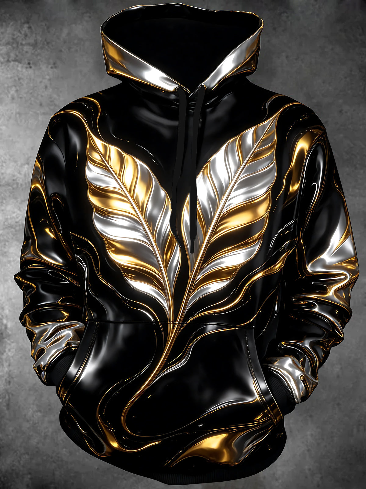 Oceanlyte Men's 3D Metallic Gold And Silver Feathers Print Long Sleeve Hoodie
