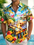 Oceanlyte Men's Short Sleeve Shirt - Tropical Beach Scene With Xylophone And Fruit Print with Chest Pocket