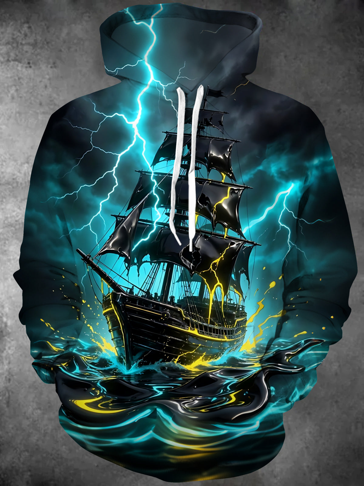Oceanlyte Men's Long Sleeve Hoodie - Ghost Ship With Lightning And Stormy Waves Print