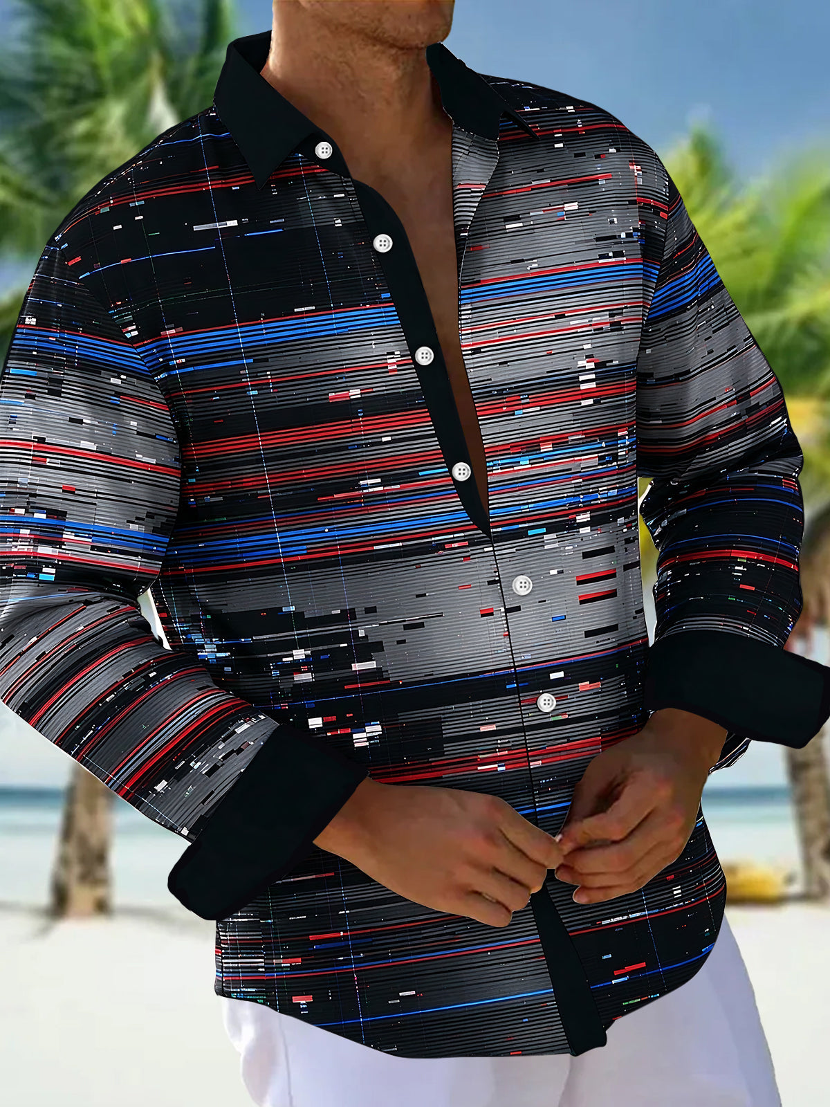 Oceanlyte Men's Striped Abstract Digital Glitch Lines Print Long Sleeve Shirt with Chest Pocket