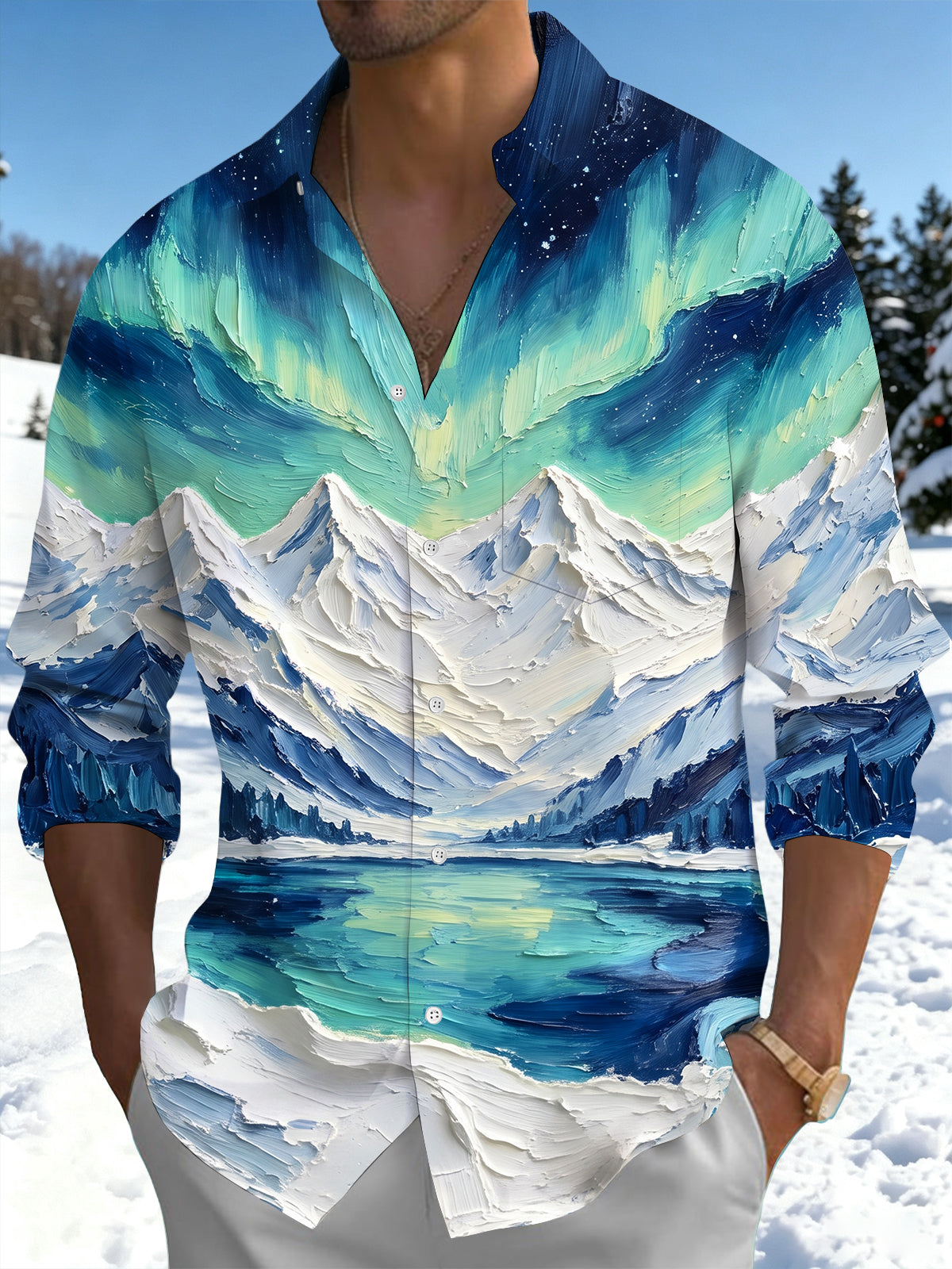 Oceanlyte Men's Aurora Borealis And Snowy Mountains Print Long Sleeve Shirt with Chest Pocket