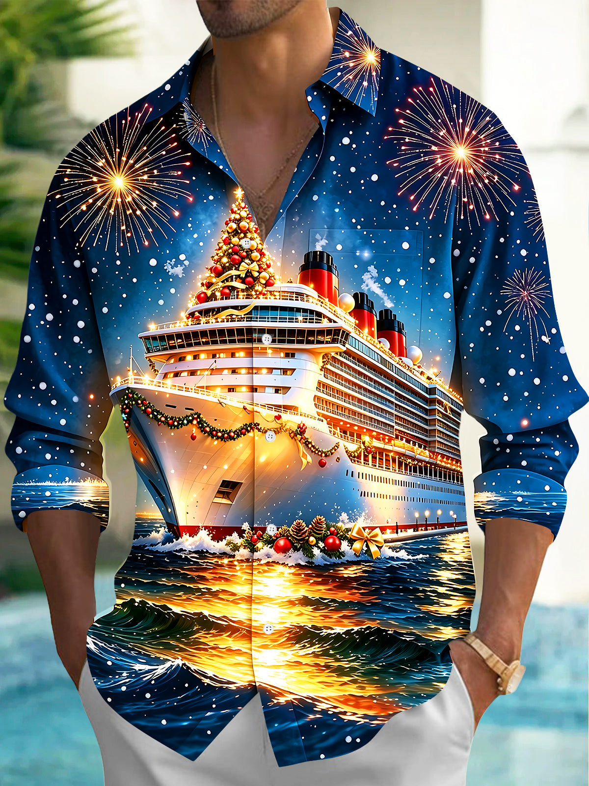 Oceanlyte Men's Graphic Christmas Cruise Ship Print Long Sleeve Shirt with Chest Pocket