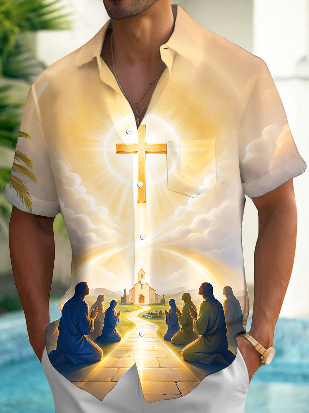 Oceanlyte Men's Golden Cross And Praying Figures Print Short Sleeve Shirt with Chest Pocket