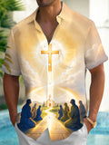 Oceanlyte Men's Golden Cross And Praying Figures Print Short Sleeve Shirt with Chest Pocket