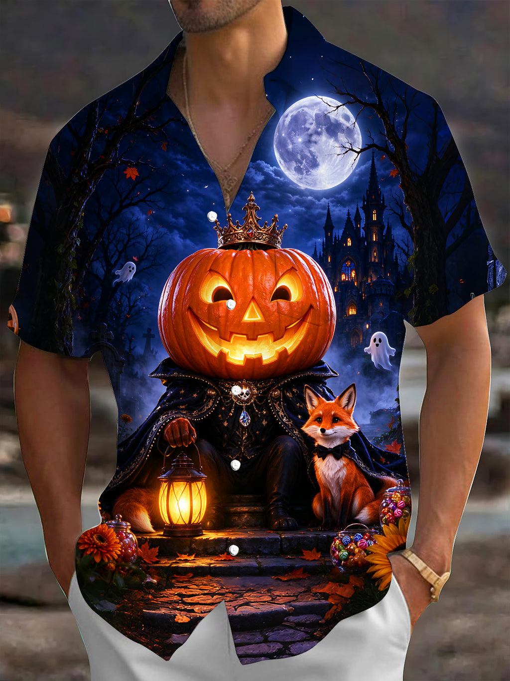 Oceanlyte Men's Graphic Halloween Pumpkin King And Fox Print Short Sleeve Shirt with Chest Pocket