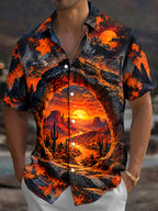 Oceanlyte Men's Desert Sunset Rock Archway With Cacti Print Short Sleeve Shirt with Chest Pocket