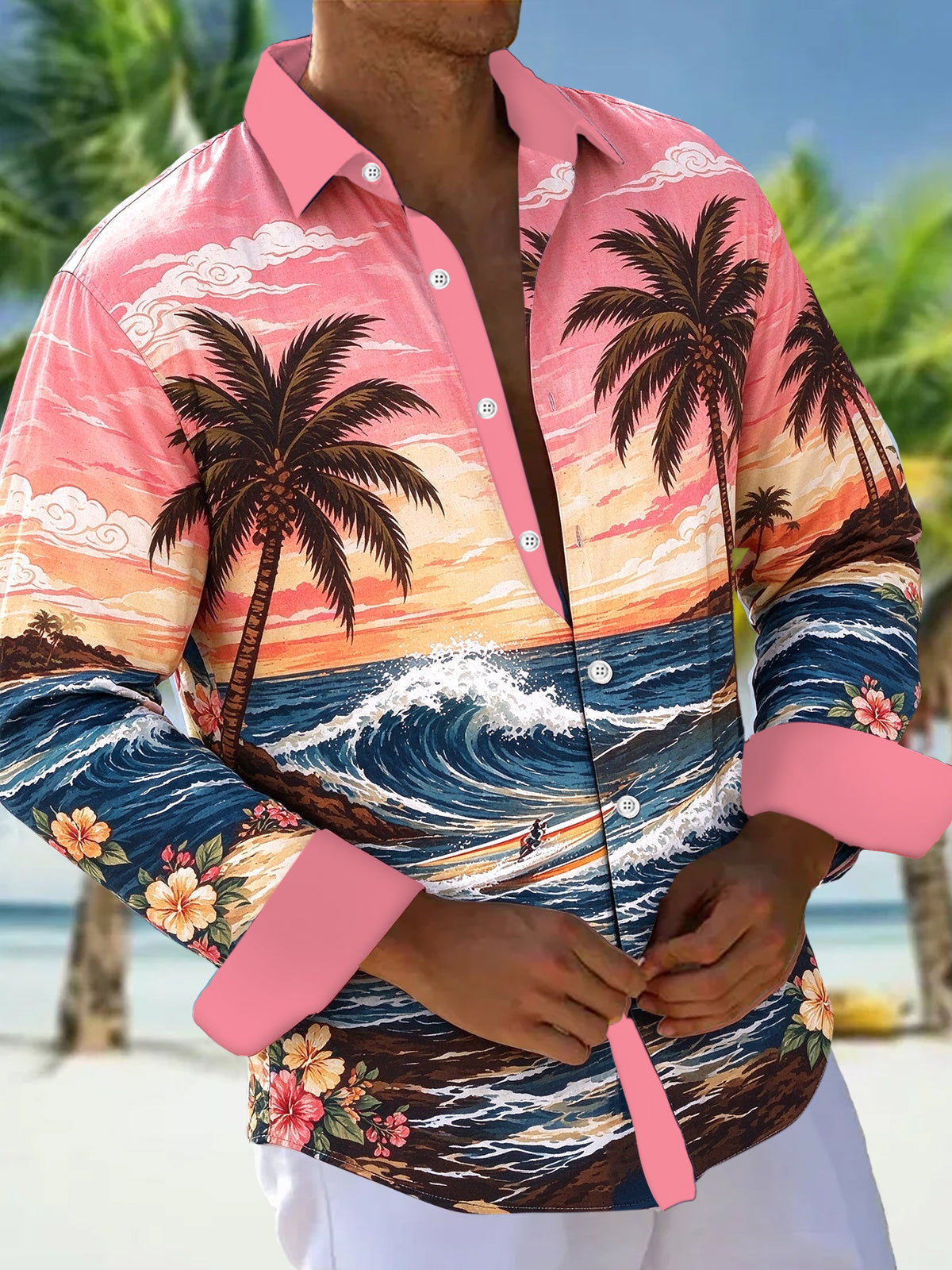 Oceanlyte Men's Palm Trees And Ocean Waves Print Long Sleeve Shirt with Chest Pocket