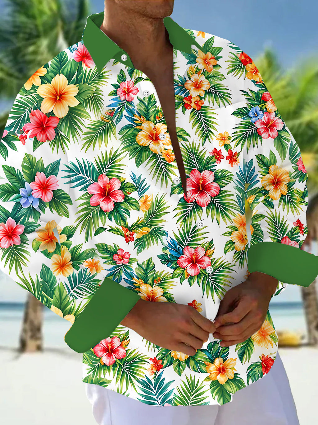 Oceanlyte Men's Long Sleeve Shirt - Tropical Hibiscus Flowers And Palm Leaves Print with Chest Pocket