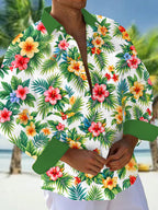Oceanlyte Men's Long Sleeve Shirt - Tropical Hibiscus Flowers And Palm Leaves Print with Chest Pocket