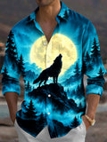 Oceanlyte Men's Printed Howling Wolf And Full Moon Print Long Sleeve Shirt with Chest Pocket