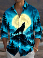 Oceanlyte Men's Printed Howling Wolf And Full Moon Print Long Sleeve Shirt with Chest Pocket