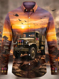 Oceanlyte Men's Military Truck And Battlefield Sunset Print Long Sleeve Shirt with Chest Pocket