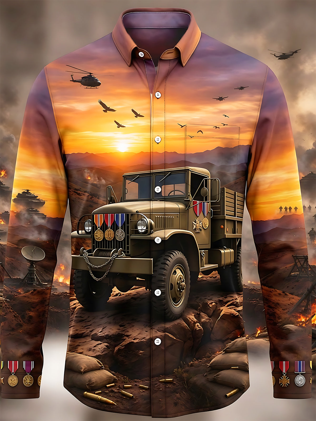 Oceanlyte Men's Military Truck And Battlefield Sunset Print Long Sleeve Shirt with Chest Pocket