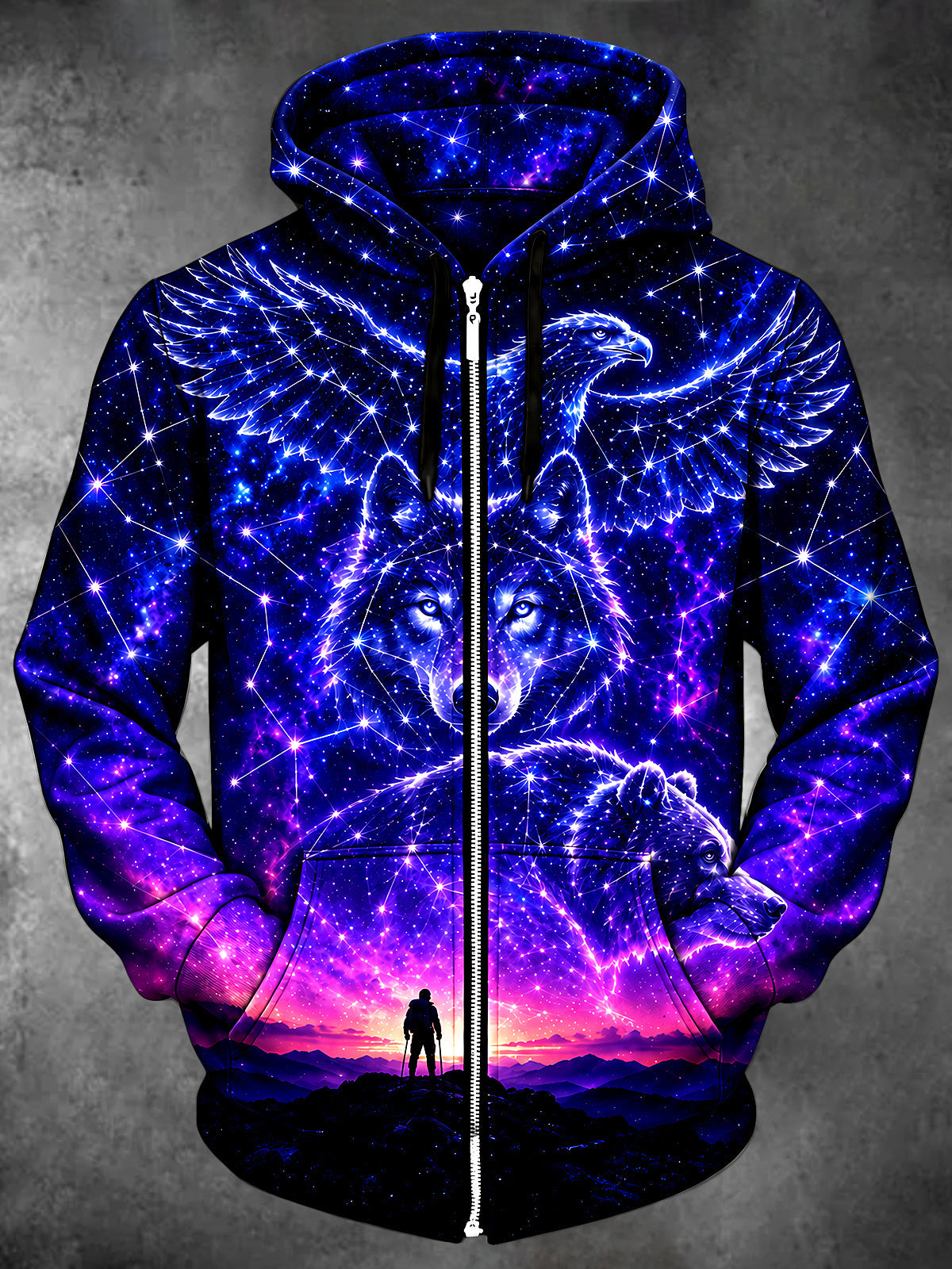 Oceanlyte Men's Starry Sky Wolf Eagle Bear Print Long Sleeve Zip-Up Hoodie