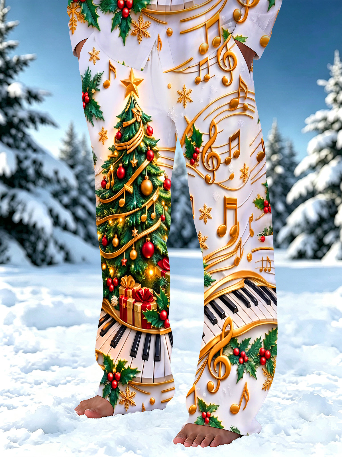 Oceanlyte Men's Graphic Christmas Tree And Musical Notes Print Pants