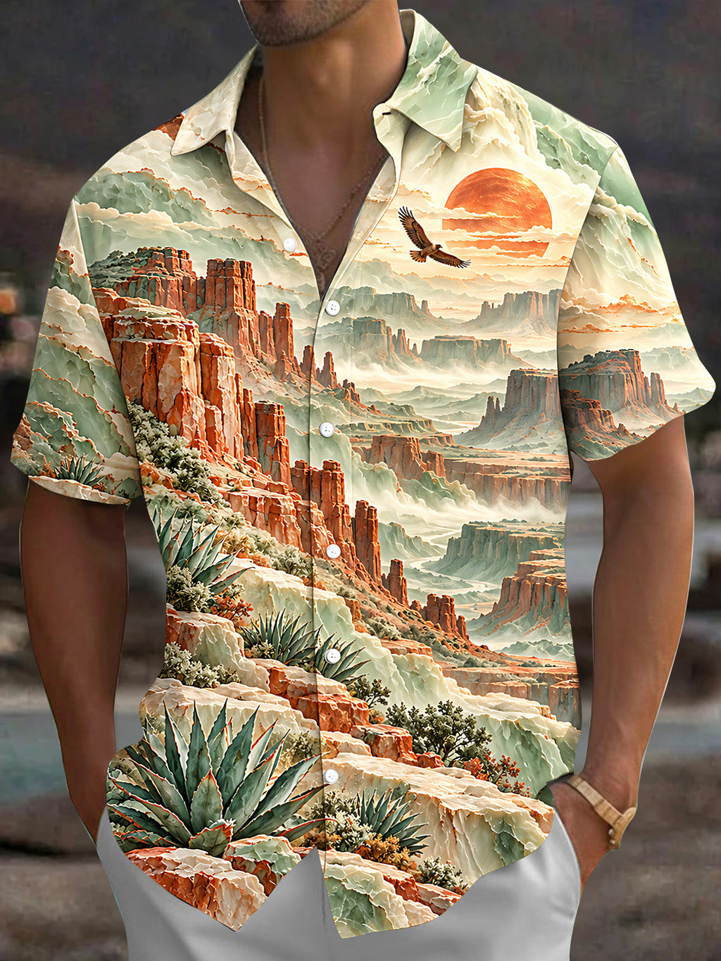 Oceanlyte Men's Short Sleeve Shirt - Desert Landscape With Red Rock Canyons And Agave Plants Print with Chest Pocket