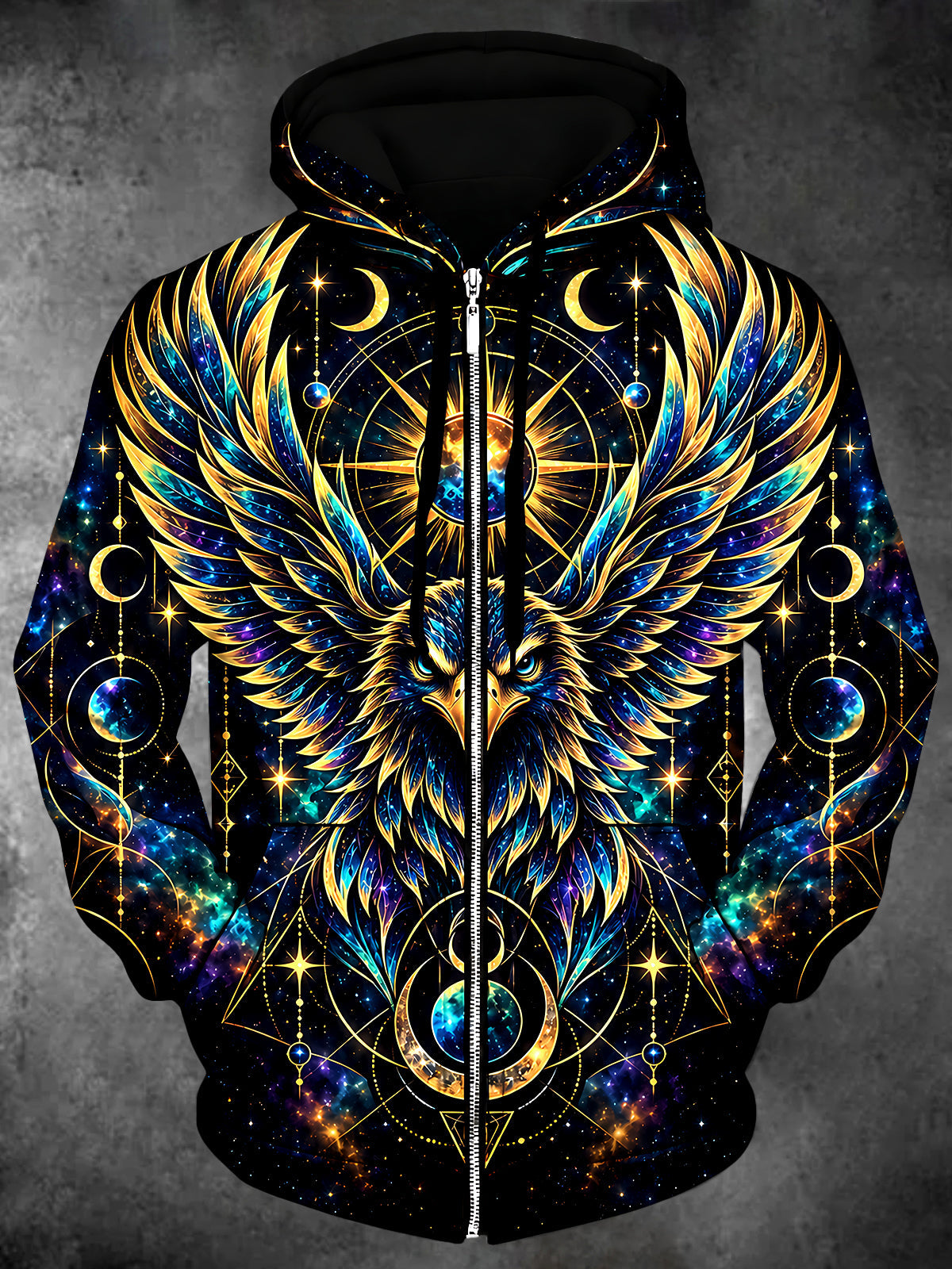 Oceanlyte Men's Long Sleeve Zip-Up Hoodie - Cosmic Eagle With Celestial Moons And Stars Print with Kangaroo Pocket
