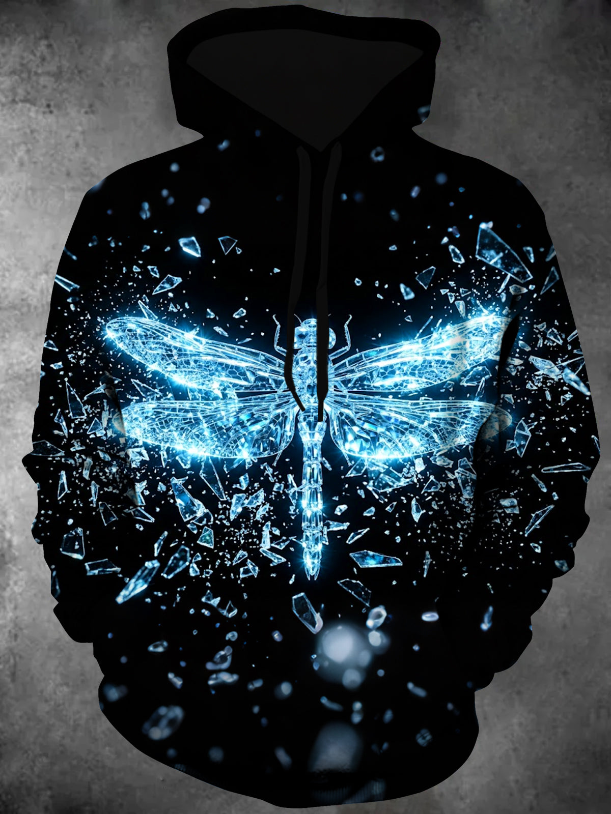 Oceanlyte Men's Long Sleeve Pullover Hoodie - Crystal Dragonfly With Shattered Glass Print with Kangaroo Pocket