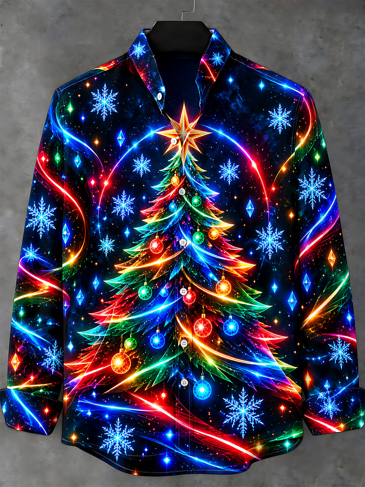 Oceanlyte Men's Long Sleeve Shirt - Neon Christmas Tree With Ornaments And Star Print