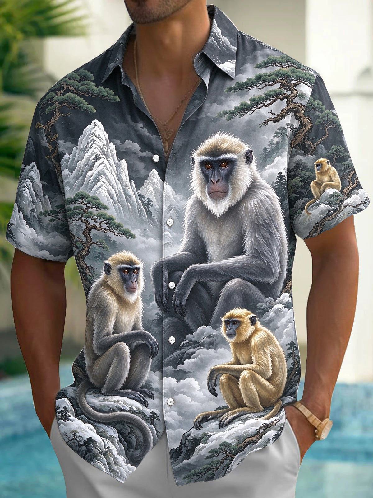 Oceanlyte Men's Hawaiian Monkeys In Mountain Landscape Print Short Sleeve Shirt with Chest Pocket
