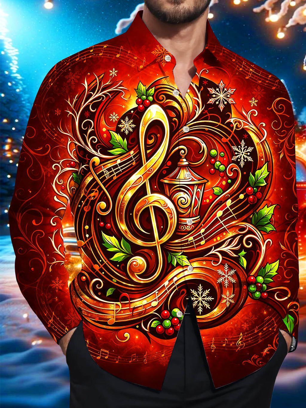 Oceanlyte Men's Long Sleeve Shirt - Christmas Treble Clef And Musical Notes With Holly And Snowflakes Print with Chest Pocket