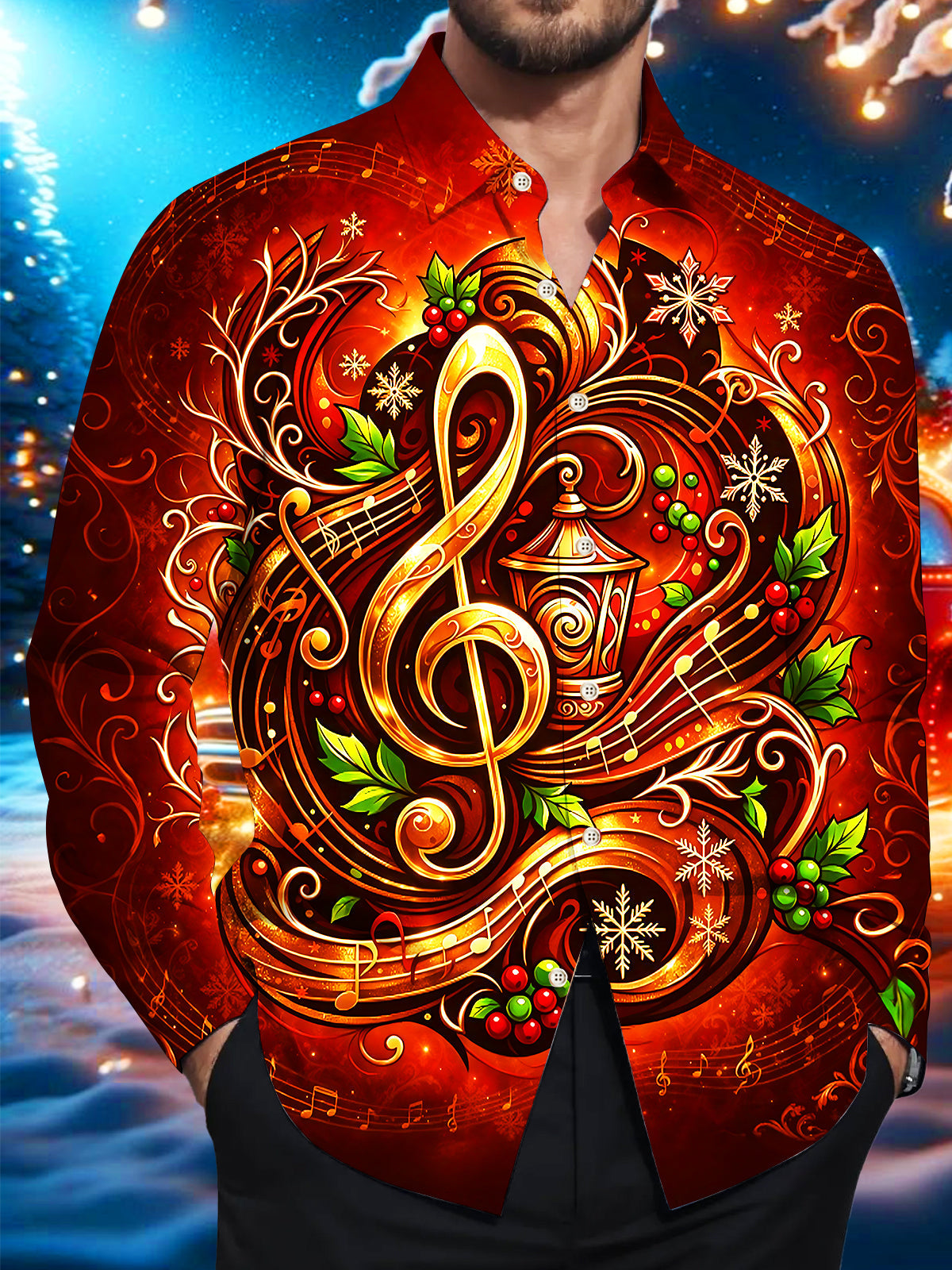 Oceanlyte Men's Long Sleeve Shirt - Christmas Treble Clef And Musical Notes With Holly And Snowflakes Print with Chest Pocket