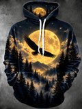 Oceanlyte Men's Long Sleeve Hoodie - Eagle Flying Over Full Moon And Pine Forest Print