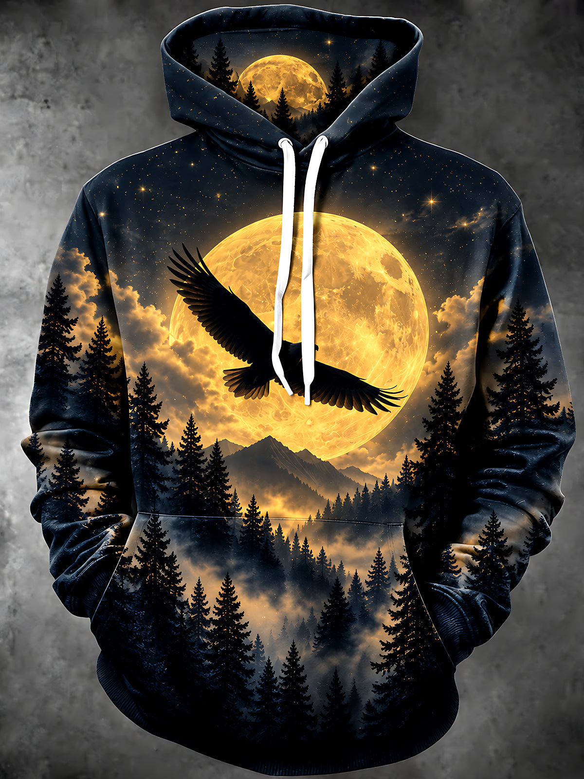 Oceanlyte Men's Long Sleeve Hoodie - Eagle Flying Over Full Moon And Pine Forest Print