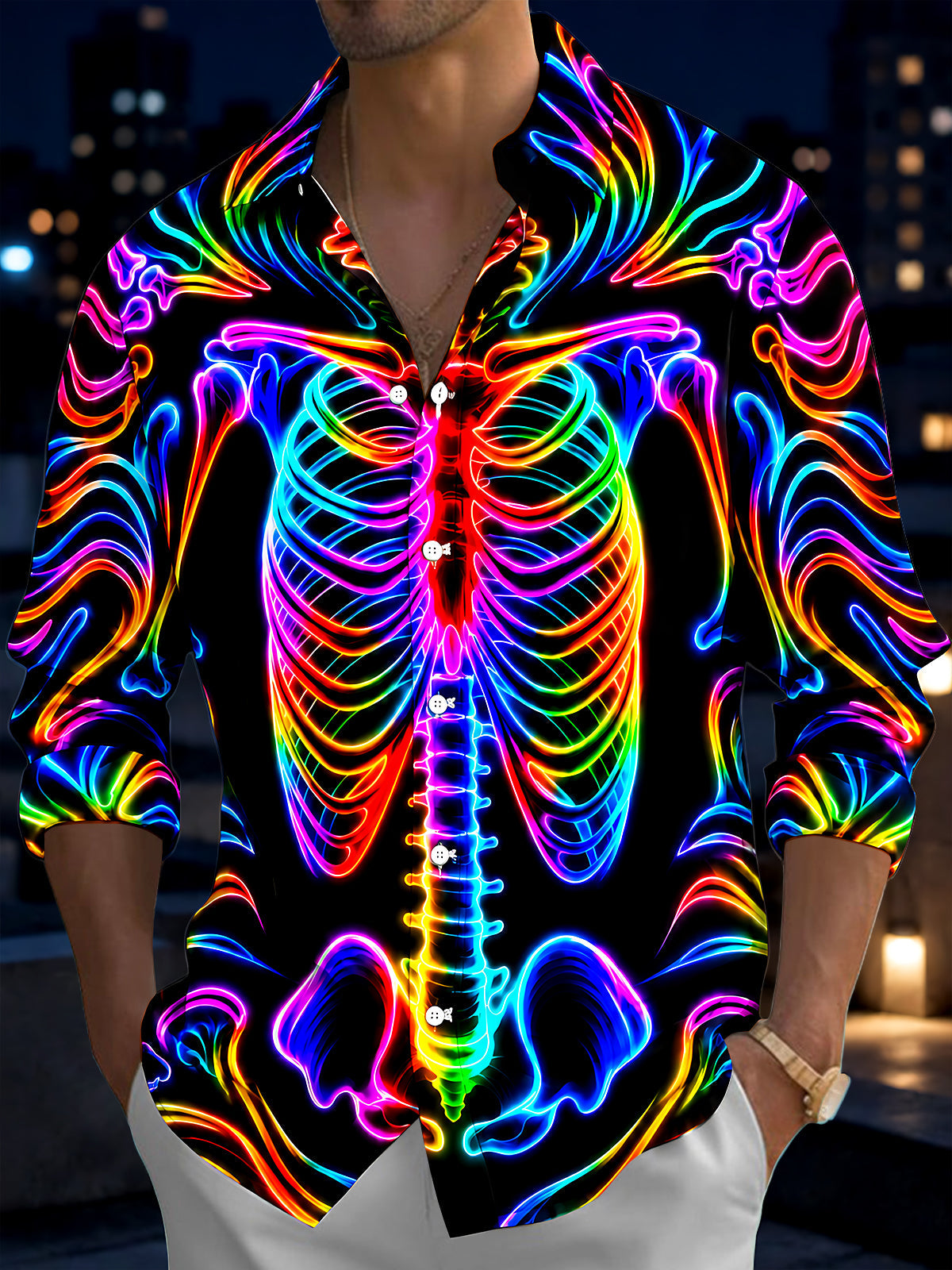 Oceanlyte Men's Graphic Neon Rainbow Skeleton Print Long Sleeve Shirt with Chest Pocket