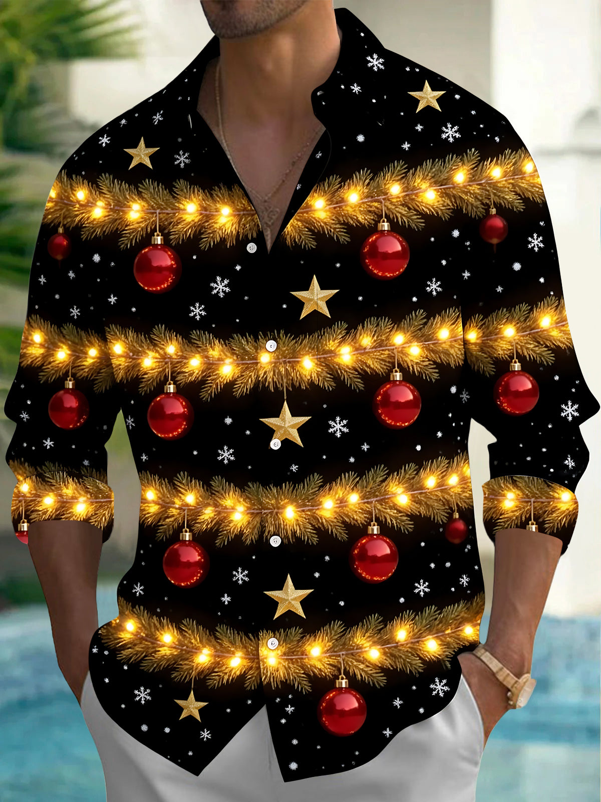 Oceanlyte Men's Long Sleeve Shirt - Christmas Garland With Lights Ornaments Stars And Snowflakes Print with Chest Pocket