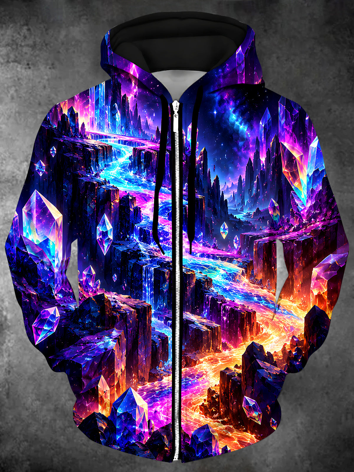 Oceanlyte Men's Long Sleeve Zip-Up Hoodie - Crystal Fantasy Landscape With Geometric Mountains And Glowing Rivers Print with Kangaroo Pocket