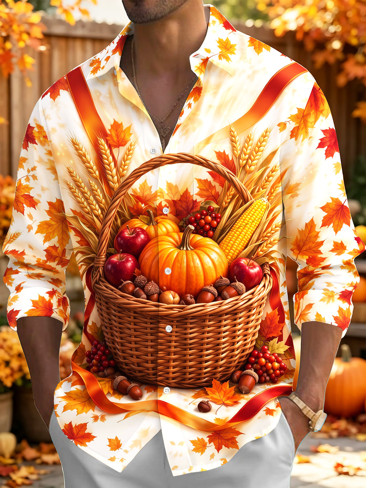 Oceanlyte Men's Long Sleeve Shirt - Harvest Autumn Harvest Basket With Pumpkins Apples And Wheat Print with Chest Pocket