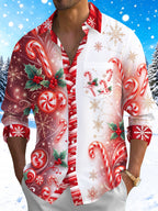 Oceanlyte Men's Christmas Candy Canes And Holly Berries Print Long Sleeve Shirt with Chest Pocket