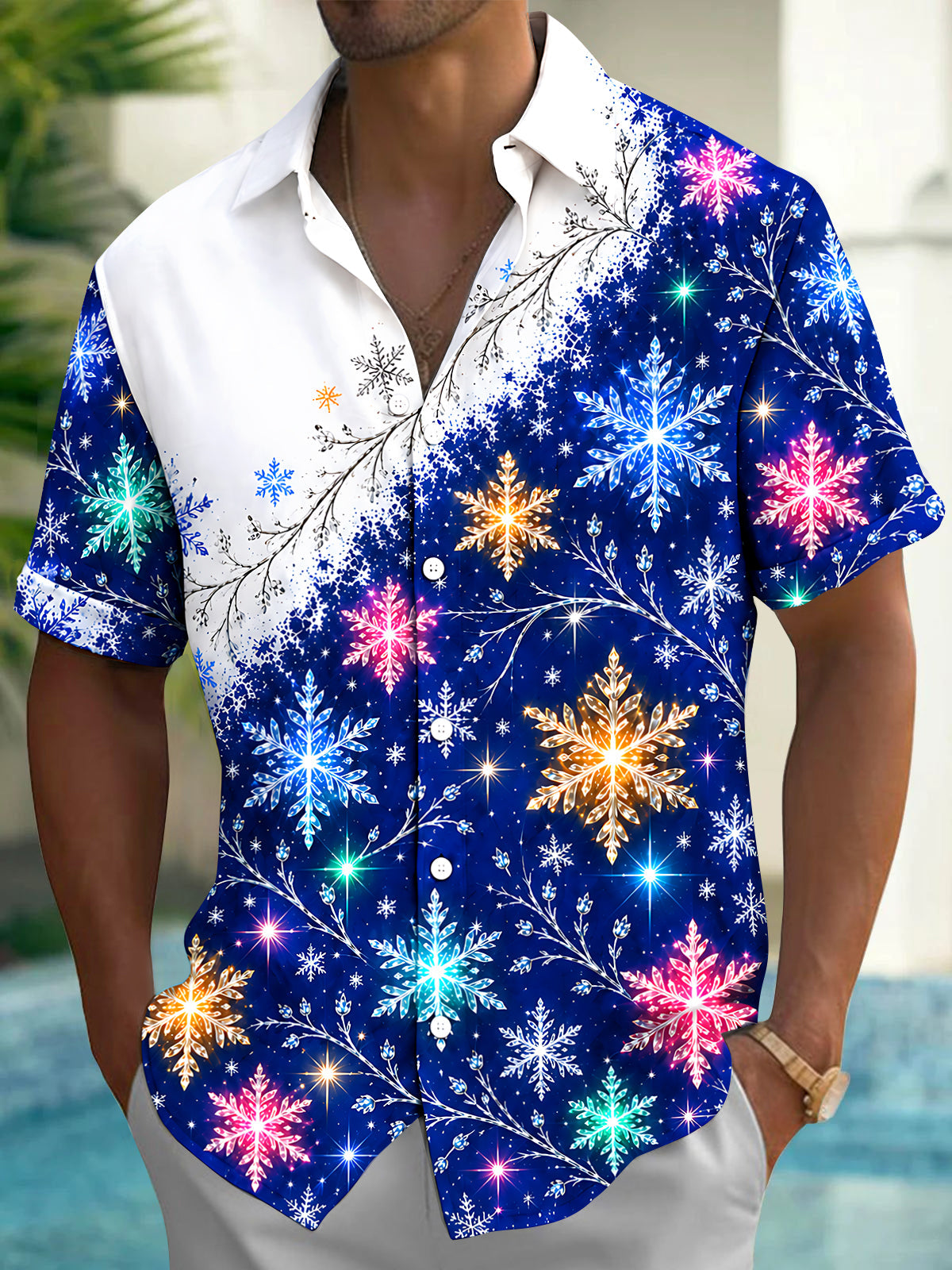 Oceanlyte Men's Colorful Snowflakes And Branches Print Short Sleeve Shirt with Chest Pocket