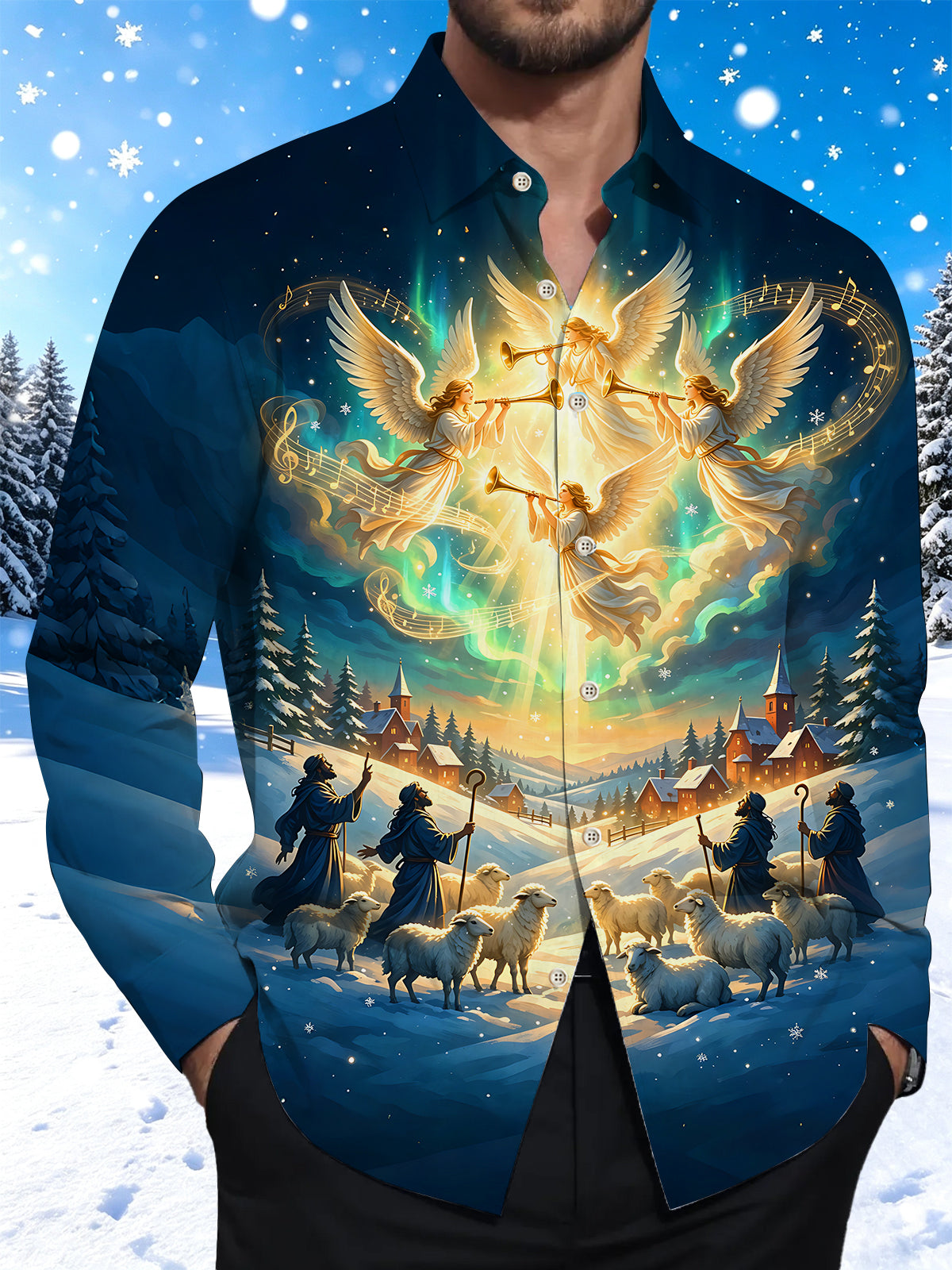 Oceanlyte Men's Long Sleeve Shirt - Christmas Angels And Shepherds With Sheep Print with Chest Pocket