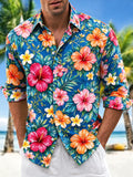 Oceanlyte Men's Tropical Hibiscus And Plumeria Flowers Print Long Sleeve Shirt with Chest Pocket